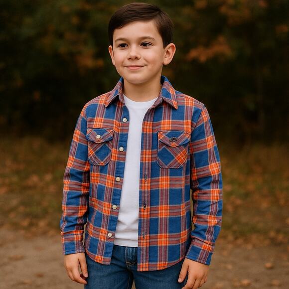 Hollister Kids Orange Blue Plaid Flannel Shirt Snap Button Long Sleeve M - Picture 1 of 10